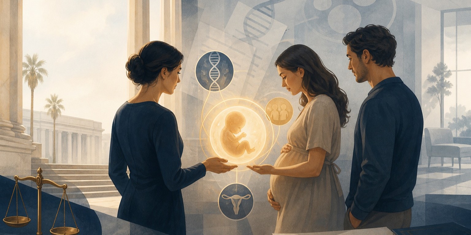 加州代孕法律主题插画，三位象征性人物围绕发光胚胎
