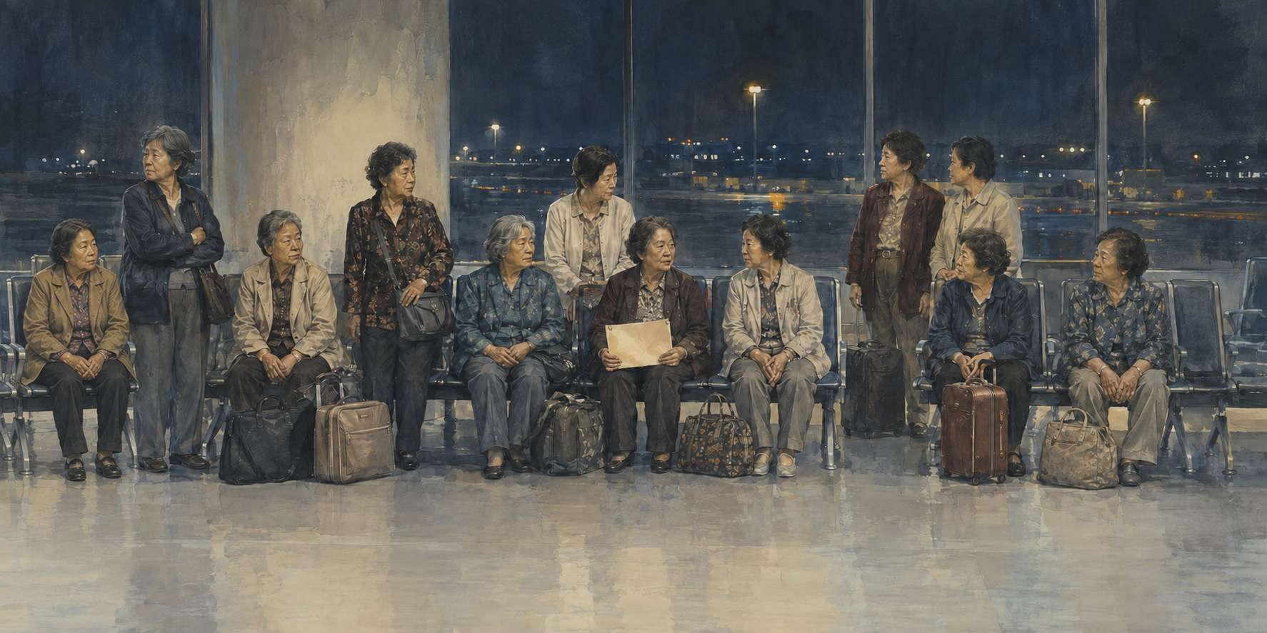 年长女性携行李在夜间机场候机厅等待的主题插画
