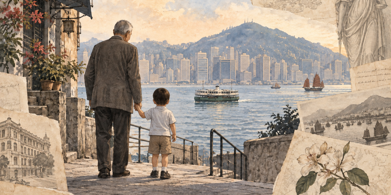 祖父牵着孩子的手，面向香港海港的水彩插画