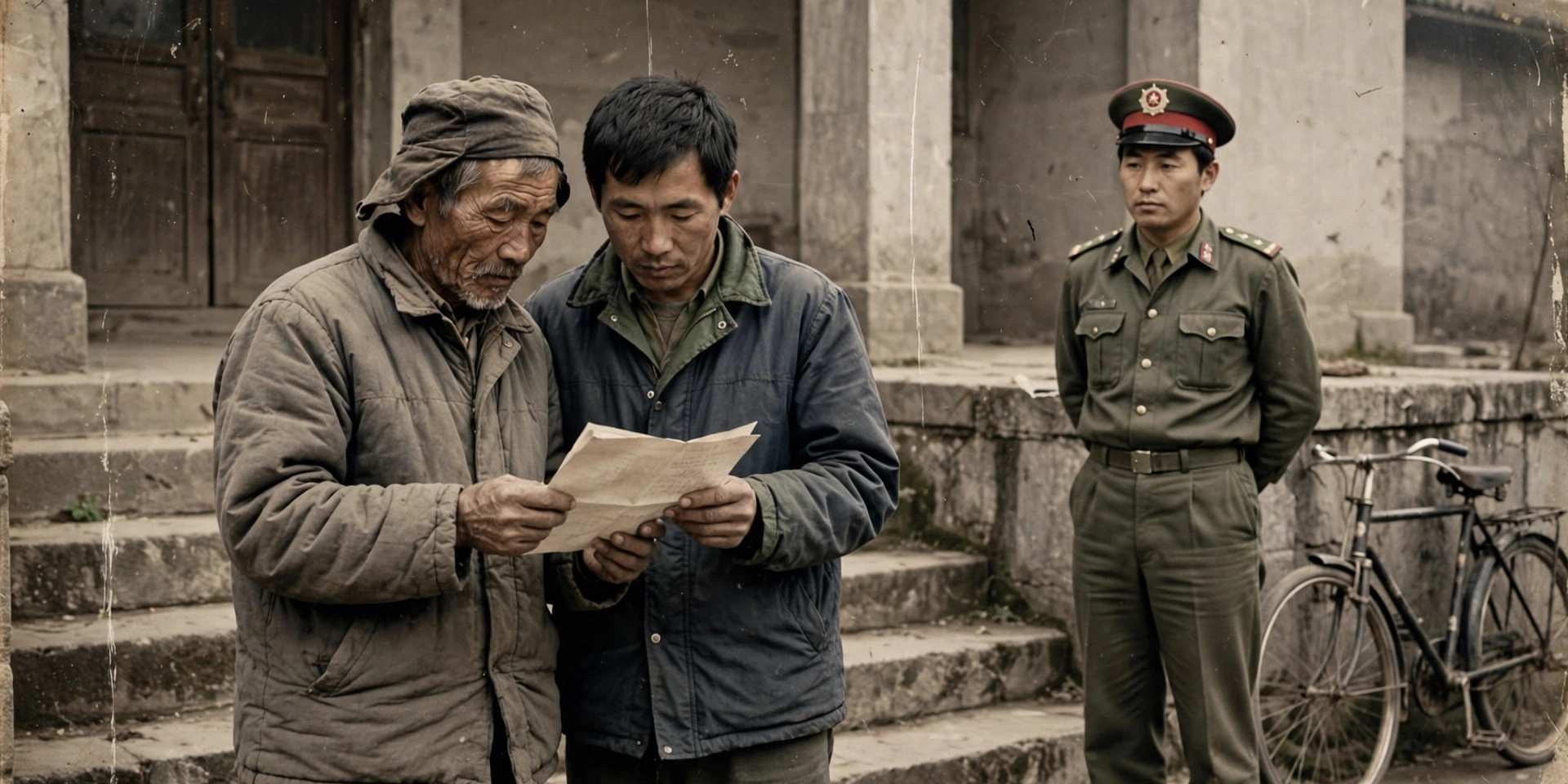 老照片风格示意图：1980 年代县法院门前，农民父子手持文书，民警立于一旁